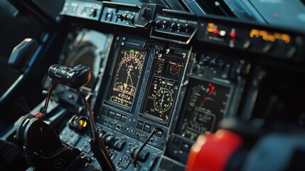 Fototapeta premium Close-up of cockpit instruments and controls in an aircraft