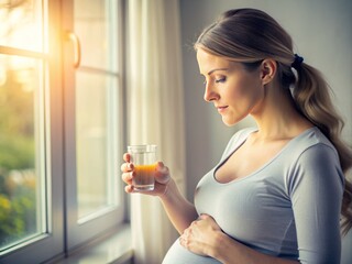 Contemplative Serenity in Prenatal Reflection: Tranquil, muted colors, soft focus, thoughtful, pregnant woman lost in contemplation as she takes her vitamins.