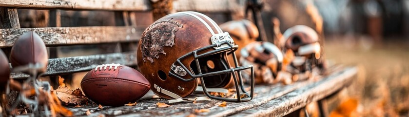 An aged football helmet rests on a weathered bench beside a vintage football, surrounded by fallen leaves, evoking nostalgia.