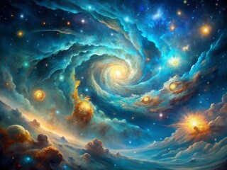 Cosmic Tapestry (sky blue, ethereal, nebula, stars, celestial): A celestial canvas with swirling nebulas, radiant stars, and an otherworldly ambiance.