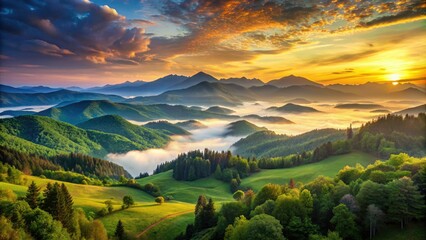 Serene panoramic view of a majestic mountain range at sunset, with rolling hills, lush green forests, and a misty valley in the distance.