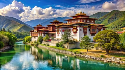 Fototapeta premium Serene Punakha Dzong, Nestled Amid Vibrant Greenery And Crystal Clear Waters, Exudes Tranquility And Cultural Heritage.