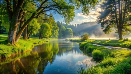 Serene riverbank scene with lush green grass flowing gently down to the water's edge, surrounded by tall trees and a misty morning atmosphere.
