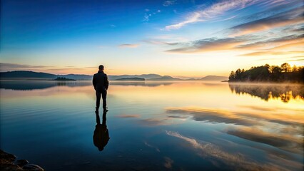 Fototapeta premium Serene silhouette of a lone figure standing at the water's edge, gazing out at the calm lake's surface, which mirrors the surrounding landscape perfectly.