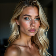 Naklejka premium Blonde Girl Serious Mesmerizing Expression Portrait