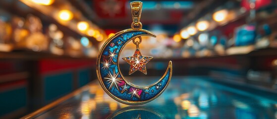 Crescent Moon and Star Pendant Jewelry Showcase Islam Religion Spiritual Symbol