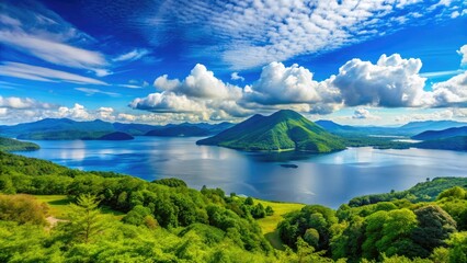 Fototapeta premium Serene summer landscape featuring a still Lake Toya surrounded by lush green forests and majestic mountains under a bright blue sky with puffy white clouds.