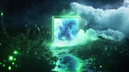 Futuristic Data Privacy Concept with Digital Portal in Mystical Landscape, Glowing Green Lights, and Cloudy Sky