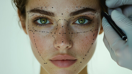 Close-up view of a woman's face with surgical markings for cosmetic procedure
