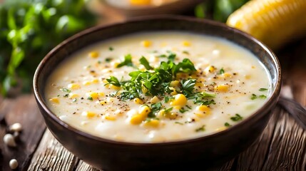 Creamy Corn Chowder Served on Rustic Wooden Table with Fresh Herbs