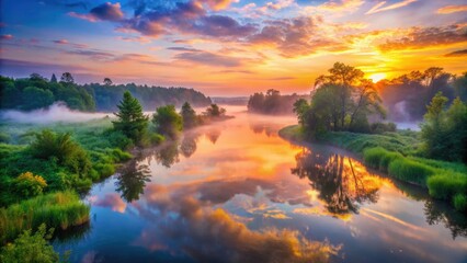 Fototapeta premium Serene sunrise over the tranquil Michigan River, surrounded by lush greenery and misty fog, reflecting the vibrant hues of the dawn sky.