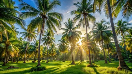 Obraz premium Serene tropical landscape featuring lush green palm trees with swaying fronds, soft sunlight filtering through, and a calm atmosphere in a coconut grove paradise.
