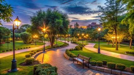 Naklejka premium Serene urban landscape featuring a scenic park illuminated by soft, warm streetlights, casting a magical glow on lush greenery and walking paths at dusk.
