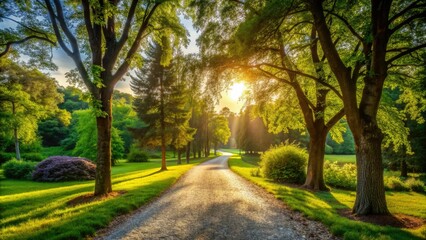 Fototapeta premium Serene winding gravel path surrounded by lush green foliage and towering trees, leading to a distant horizon under a warm, sunny sky.