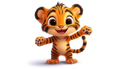 Cute Cartoon Tiger Cub Character with Big Expressive Eyes: Smiling Tiger Cub with Orange Fur and Black Stripes, Round Ears, and Arms Raised in a Cheerful Pose.