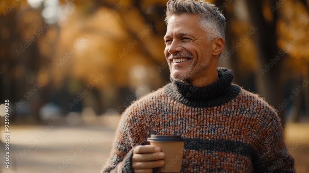 Sticker smiling mature man enjoying coffee in autumn park