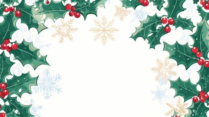Festive Holly Berry Border with Snowflakes. Seasonal Winter Background