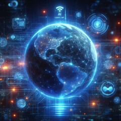 Fototapeta premium blue hologram globe with world map with glowing data streams, ai global communication networks, virtual reality simulations, geospatial data visualization, and interactive educational experience. 