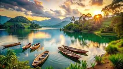Obraz premium Serenely majestic African lake with turquoise waters, surrounded by lush green hills and trees, at sunset, with a few traditional wooden boats floating.