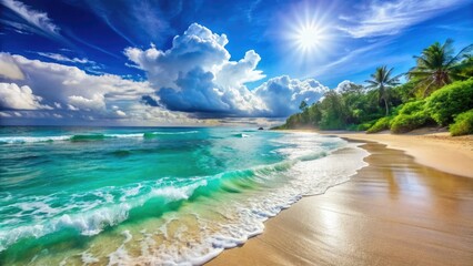 Fototapeta premium Serenely majestic turquoise ocean waves gently crash onto a sun-kissed sandy beach, creating a soothing atmosphere of tranquility and peacefulness in a tropical paradise setting.