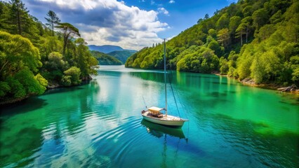 Obraz premium Serenely peaceful landscape of a lone sailboat drifting on calm turquoise waters, surrounded by lush greenery, exuding a sense of relaxation and tranquility.