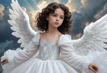 Young Girl Dressed as Angel with White Wings and Curly Hair in a Dreamy Sky Background