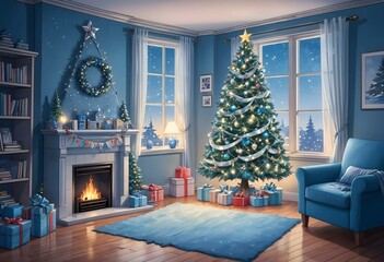 Cozy Christmas living room with a decorated Christmas tree, a fireplace, and presents, creating a warm holiday atmosphere