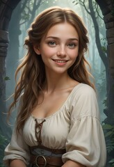 Portrait of a Young Woman in Medieval-Inspired Clothing in a Mystical Forest Setting