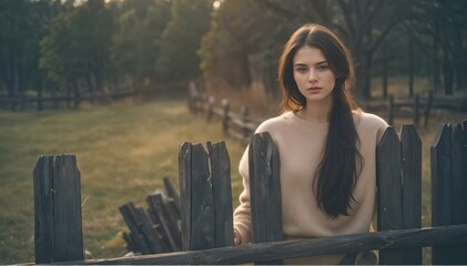 Young Woman by a Rustic Wooden Fence in a Tranquil Countryside Setting