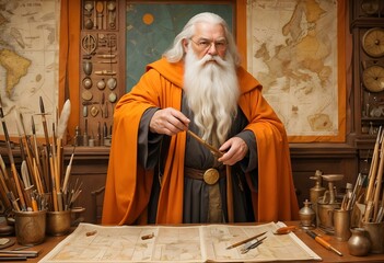 An elderly Caucasian man with a long white beard wearing a orange robe , sitting at a wooden table with various tools and objects. Wise Elder in an Antique Laboratory with Maps and Instruments