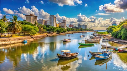 Serenely winding river flows through bustling Maputo city, with rustic fishing boats and lush greenery lining the tranquil water's edge under a sunny sky.