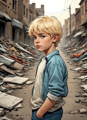 A young blond-haired boy in a light blue jacket stands in an urban environment with destroyed buildings and debris scattered around him. A boy on a ruined street in a post-apocalyptic world