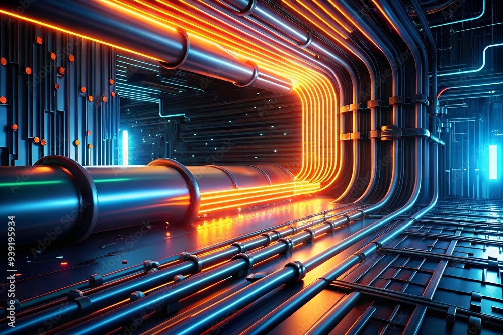 Poster cybernetic arteries: a labyrinth of illuminated pipelines snake through a futuristic server room, pu