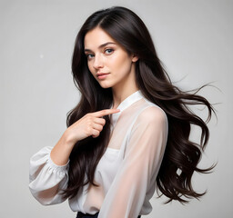 Confident Young Woman Pointing at Herself in a White Blouse