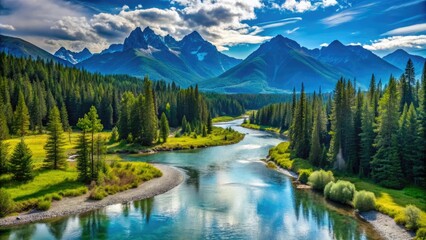 Serenene outdoor scenery featuring a meandering river winding through lush green forest, surrounded by towering trees and majestic mountain ranges under a clear blue sky.
