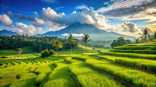 Serenene rice fields stretch towards distant misty mountains in Tabanan, Bali, Indonesia, under a vivid blue sky with fluffy white clouds.