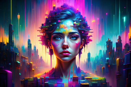 Digital Glitch - Pixelated, distorted, futuristic, vibrant colors, experimental
