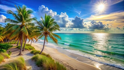 Serenene turquoise ocean waves gently lap against the sun-kissed sandy beach, surrounded by swaying palm trees, in a tranquil Florida coastal scene.