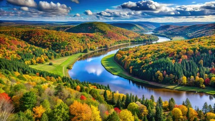 Serpentine Saint John River winds through lush green forests and rolling hills in autumn, showcasing New Brunswick's picturesque rural landscape in vibrant color.