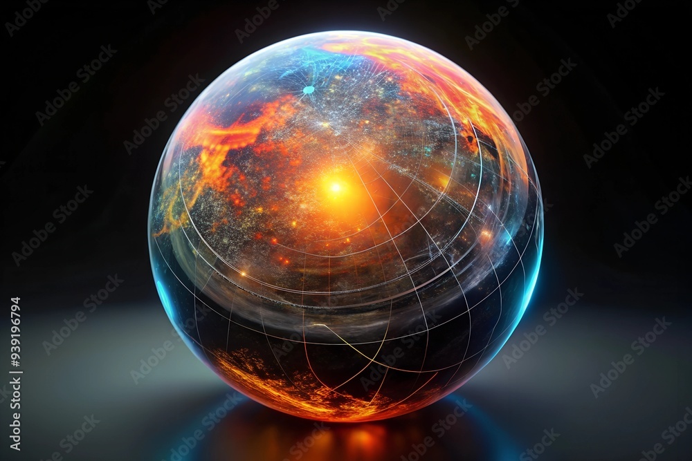 Poster global network sphere: a mesmerizing 3d rendering of a glowing sphere, symbolizing interconnectednes