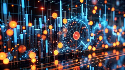 Obraz premium Data Visualization: A vibrant, abstract, 3D rendering of data charts and graphs, capturing the essence of digital information and technological advancements, perfect for business and technology concep