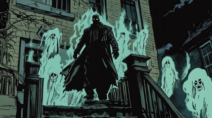 A dark figure surrounded by glowing ghosts stands on the steps of an eerie, dilapidated building at night.