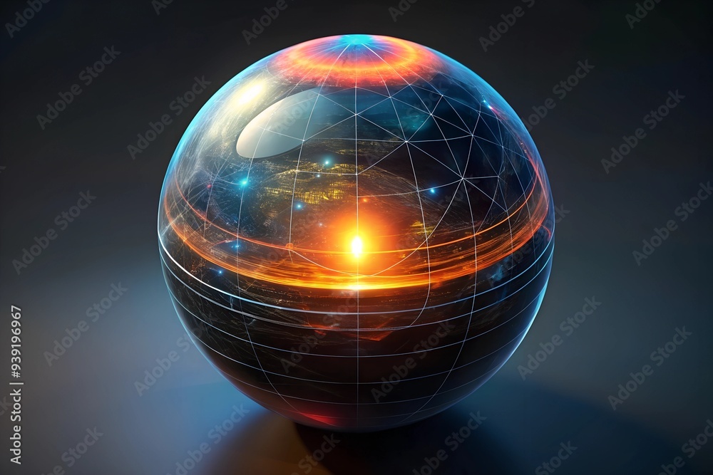 Poster global network sphere: a mesmerizing 3d rendering of a glowing sphere, symbolizing interconnectednes