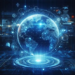 Obraz premium blue hologram globe with world map with glowing data streams, ai global communication networks, virtual reality simulations, geospatial data visualization, and interactive educational experience. 