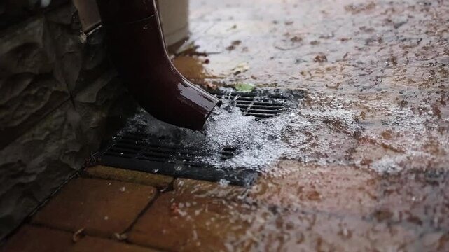 rain drainage system, metal gutter with pouring water at rainy storm outdoor