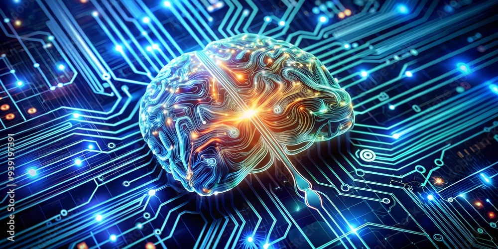 Poster the dawn of artificial thought: a luminous brain pulsates within a complex circuit board, symbolizin