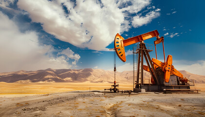 Fototapeta premium Oil rig in the desert on a background of a dramatic sky. Symbol of the crisis in the oil industry