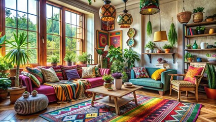 Eclectic Bohemian Getaway: mix of styles, colorful textiles, unique accessories, cozy and inviting, bohemian chic