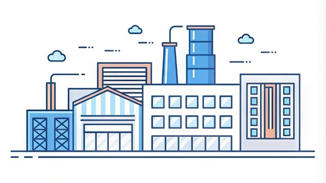 Simple illustration of a modern factory building icon with clean lines, geometric shapes, and an editable stroke, symbolizing industry and manufacturing.