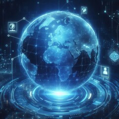 Naklejka premium blue hologram globe with world map with glowing data streams, ai global communication networks, virtual reality simulations, geospatial data visualization, and interactive educational experience. 